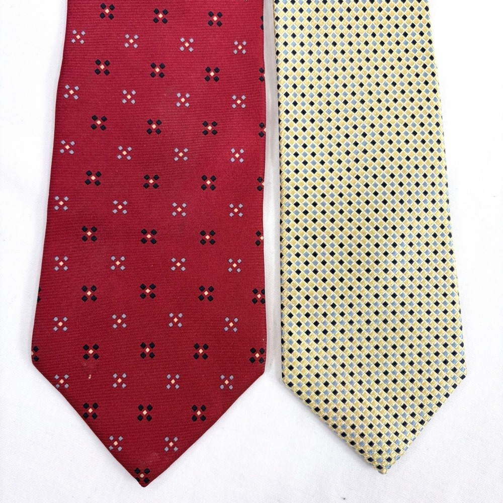 Tommy Hilfiger Silk Tie Lot 2 Red Geometric Yellow Blue Micro Check Mens Necktie